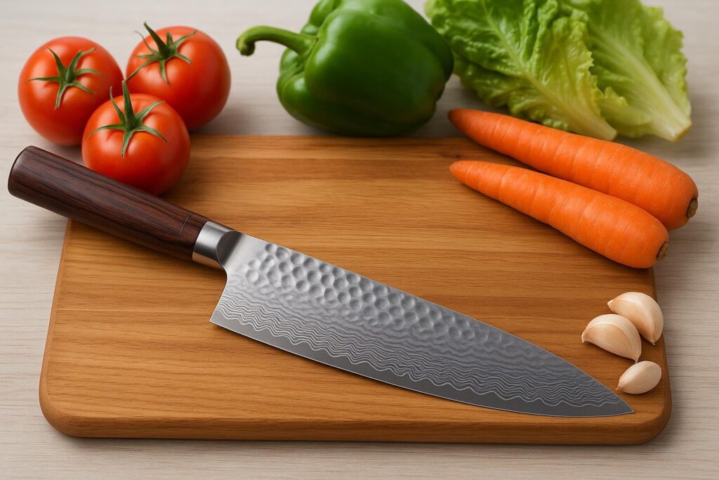damascus chef knife on wood chopping board