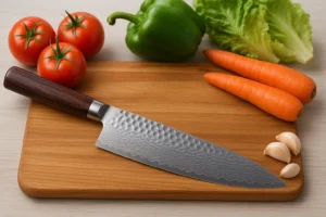 damascus chef knife on wood chopping board